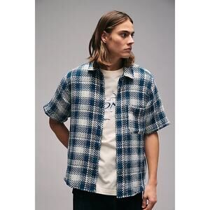 BDG Reed Plaid Shirt Blue White Textured Button Up Boxy Relaxed M